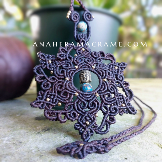 Rustic macrame necklace with intricate detailing, highlighted by imperial jasper beads and an adjustable length.