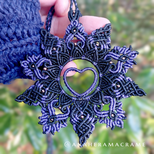 Statement boho necklace with purple and black mandala and heart design.