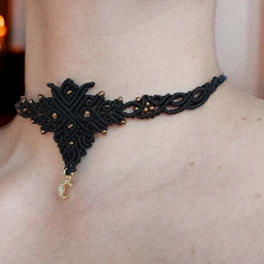 Macrame choker with 18k gold-plated half-moon charm. This versatile piece can be worn as a crew neck necklace or even as a tiara.   The total length of the necklace measures approximately 51cm/ 20 inches and it is adjustable to fit your preferred length with a convenient slide lock.