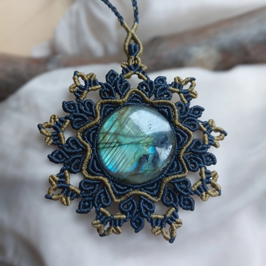 Blue and olive green handmade macrame mandala,  featuring Labradorite gemstone.
