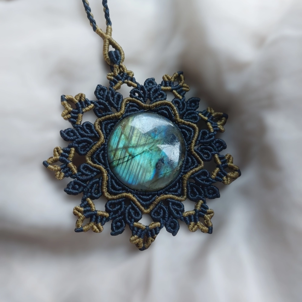 Blue and olive green handmade macrame mandala,  featuring Labradorite gemstone.