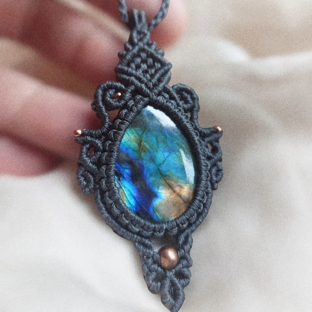 Labradorite Macrame Necklace, a captivating 46ct AAA gemstone teardrop, adjustable up to 53cm/21 inches. Easy to customise for a perfect fit.