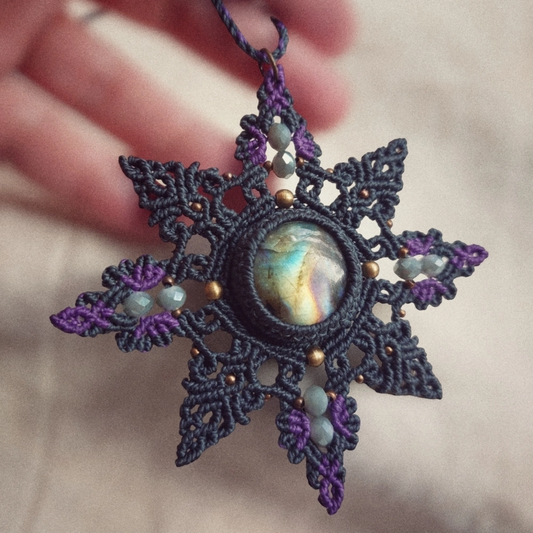 This Spectrolite Labradorite Macrame Necklace is a stunning statement piece that features a 37ct round-shaped gemstone with full flash and AAA quality.