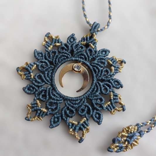 The boho macrame mandala features a lovely crescent moon charm plated with 18K gold and a Stainless Steel Rhinestone charm    With an adjustable length of approximately 53cm/21 inches, including the pendant, this necklace can be easily adjusted to fit any neck with a convenient slide lock feature.  Shipping