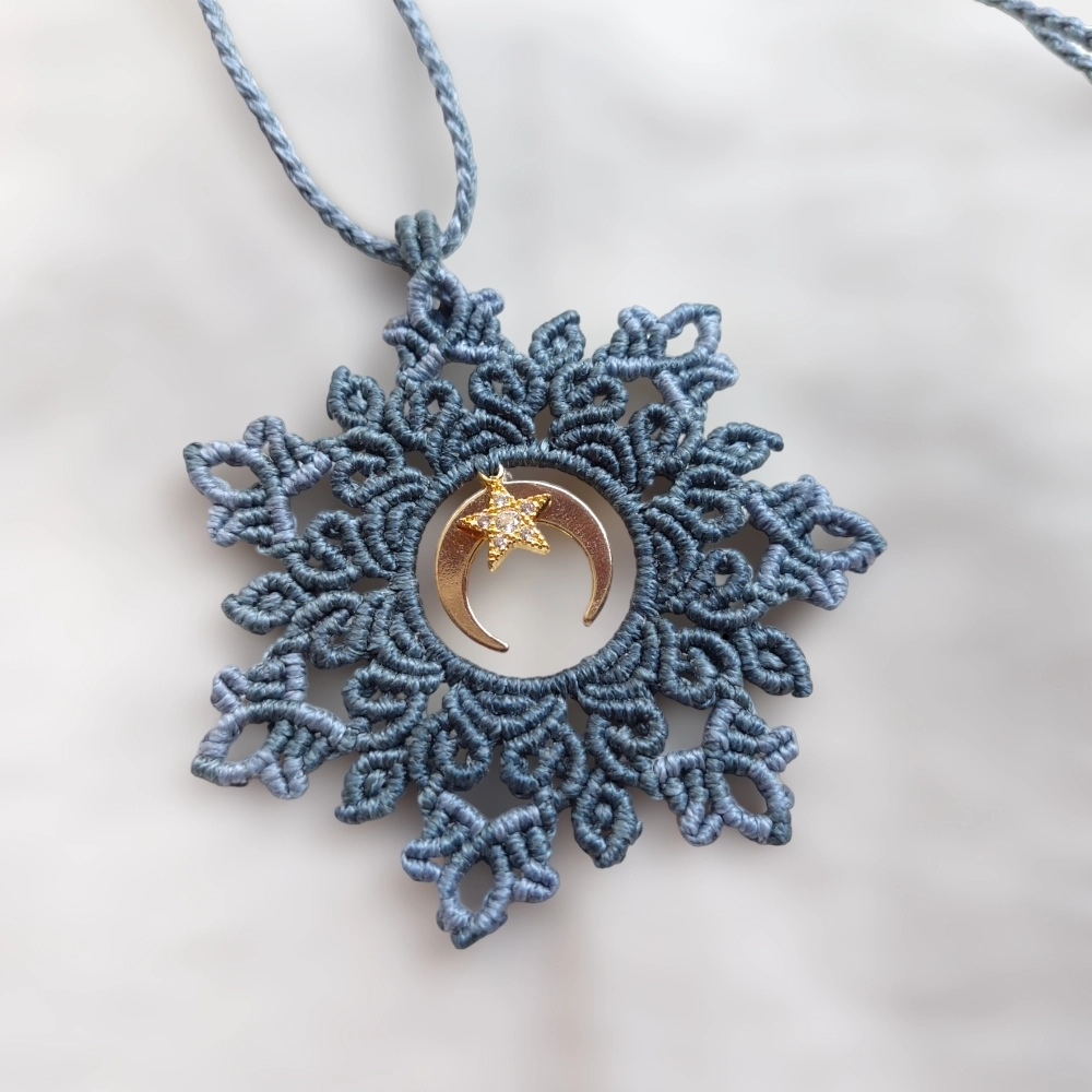 The boho macrame mandala features a lovely crescent moon and star charm both are plated with 18K gold With an adjustable length of approximately 54.5cm/21.5 inches, including the pendant, this necklace can be easily adjusted to fit any neck with a convenient slide lock feature.