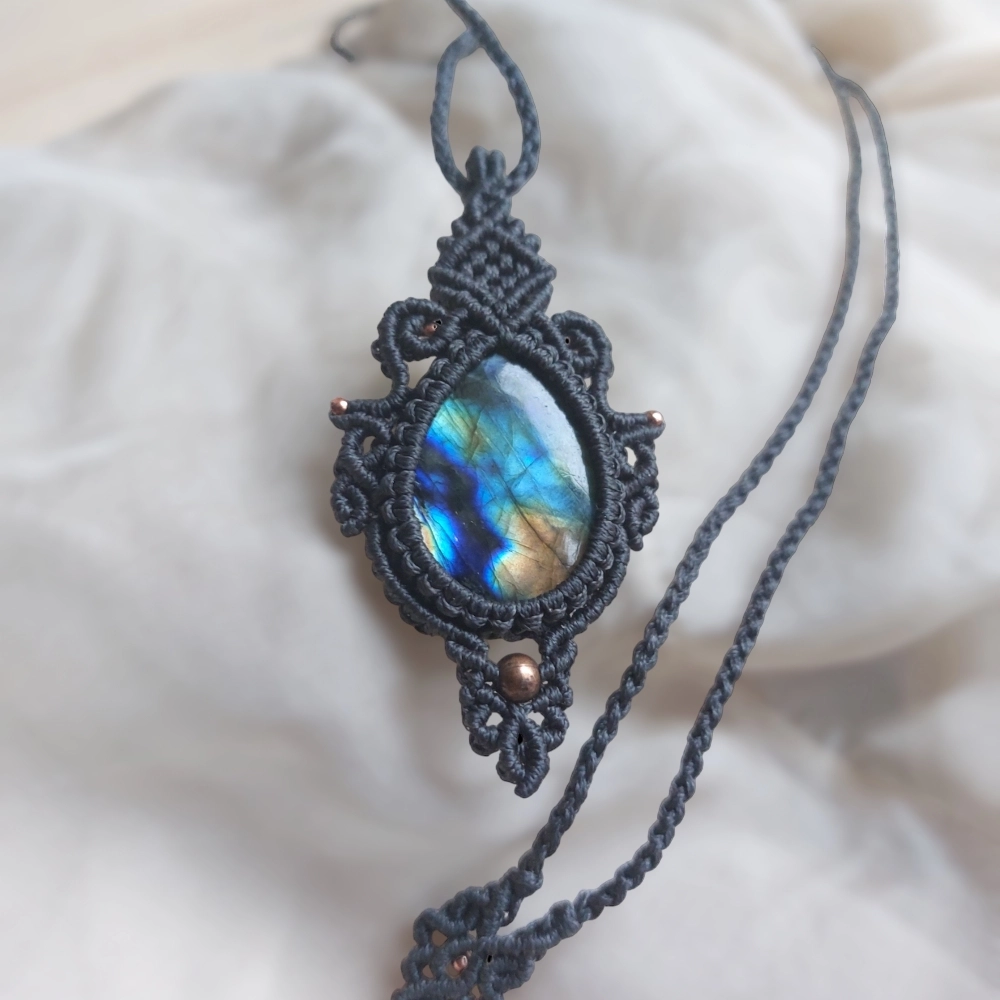 Labradorite Macrame Necklace, a captivating 46ct AAA gemstone teardrop, adjustable up to 53cm/21 inches. Easy to customise for a perfect fit.