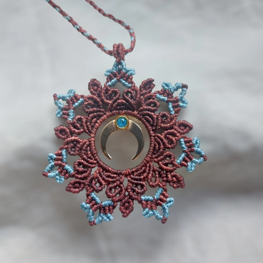 The boho macrame mandala features a lovely crescent moon charm plated with 18K gold and a Stainless Steel Rhinestone charm    With an adjustable length of approximately 53cm/21 inches, including the pendant, this necklace can be easily adjusted to fit any neck with a convenient slide lock