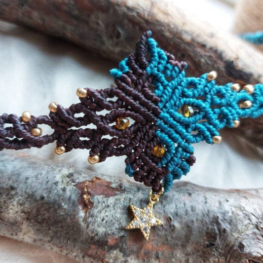 Macrame choker with an 18k gold plated star charm. This versatile piece can be worn as a crew neck necklace or even as a tiara.   The total length of the necklace measures approximately 51cm or 20 inches and it is adjustable to fit your preferred length with a convenient slide lock.