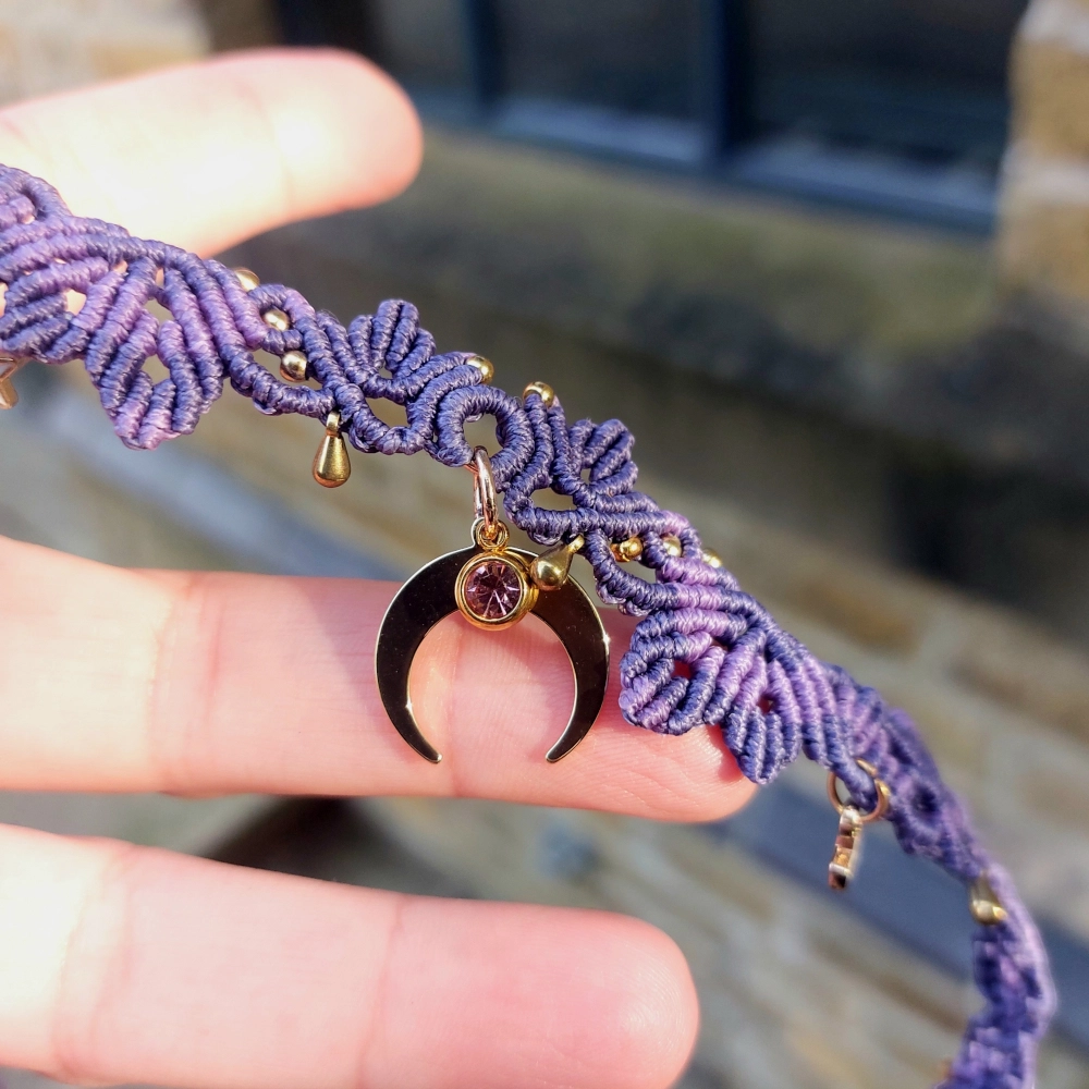 Purple macrame choker with moon charm