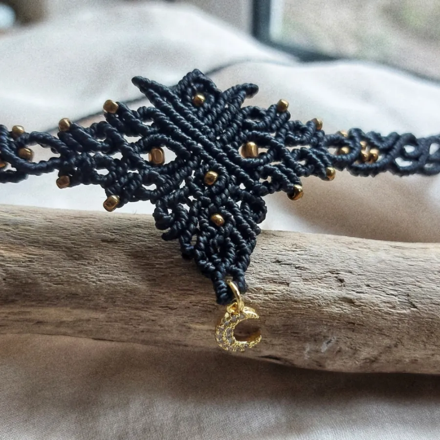 Macrame choker with 18k gold-plated half-moon charm. This versatile piece can be worn as a crew neck necklace or even as a tiara.   The total length of the necklace measures approximately 51cm/ 20 inches and it is adjustable to fit your preferred length with a convenient slide lock.