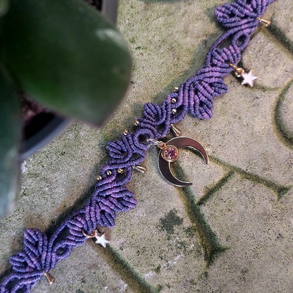 Purple macrame choker with moon charm