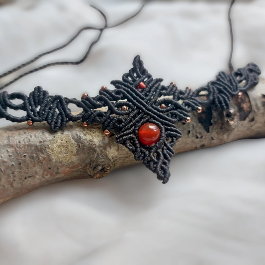 Boho Macrame Choker with Red Fire Agate Bead. This versatile piece can be worn as a crew neck necklace or even as a tiara.