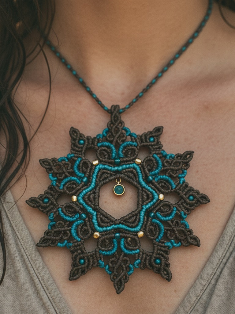 Decorative necklace with intricate design on a person's neck
