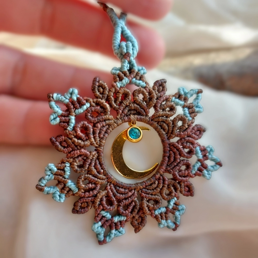 brawn and light blue The handmade boho macrame mandala features a lovely crescent moon charm plated with 18K gold and a Stainless Steel Rhinestone charm  
