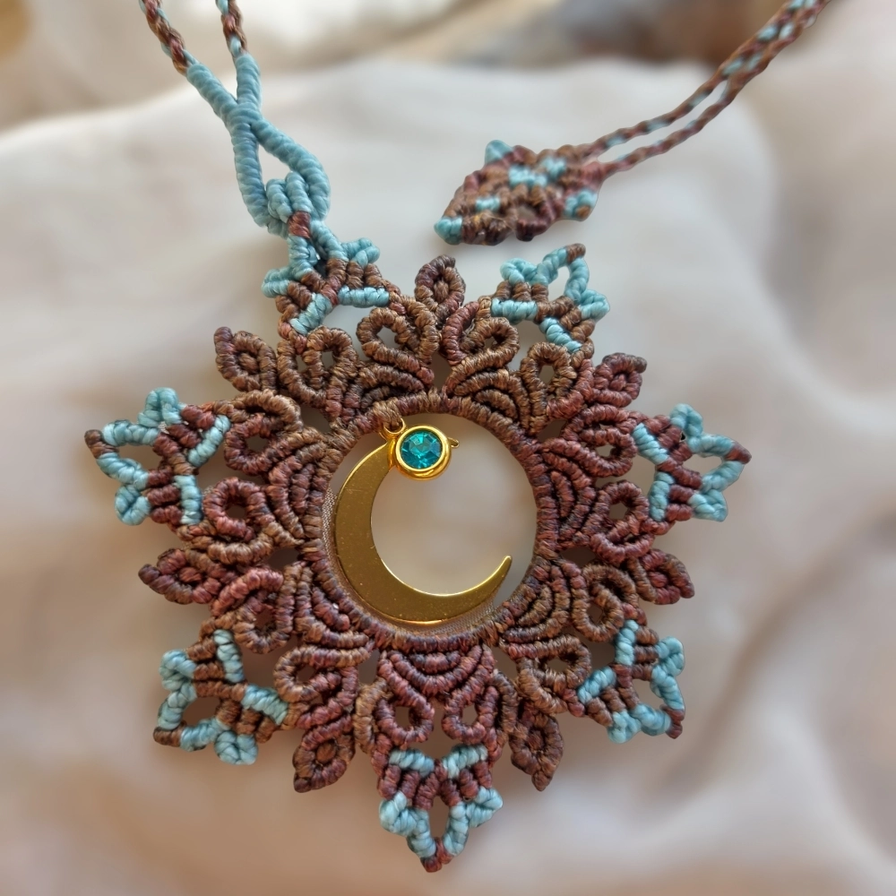 brawn and light blue The handmade boho macrame mandala features a lovely crescent moon charm plated with 18K gold and a Stainless Steel Rhinestone charm