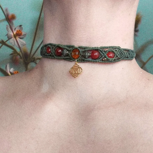 The Boho macrame choker features the TheRoot Chakra charm that's plated with 18K gold, and red jasper beads.