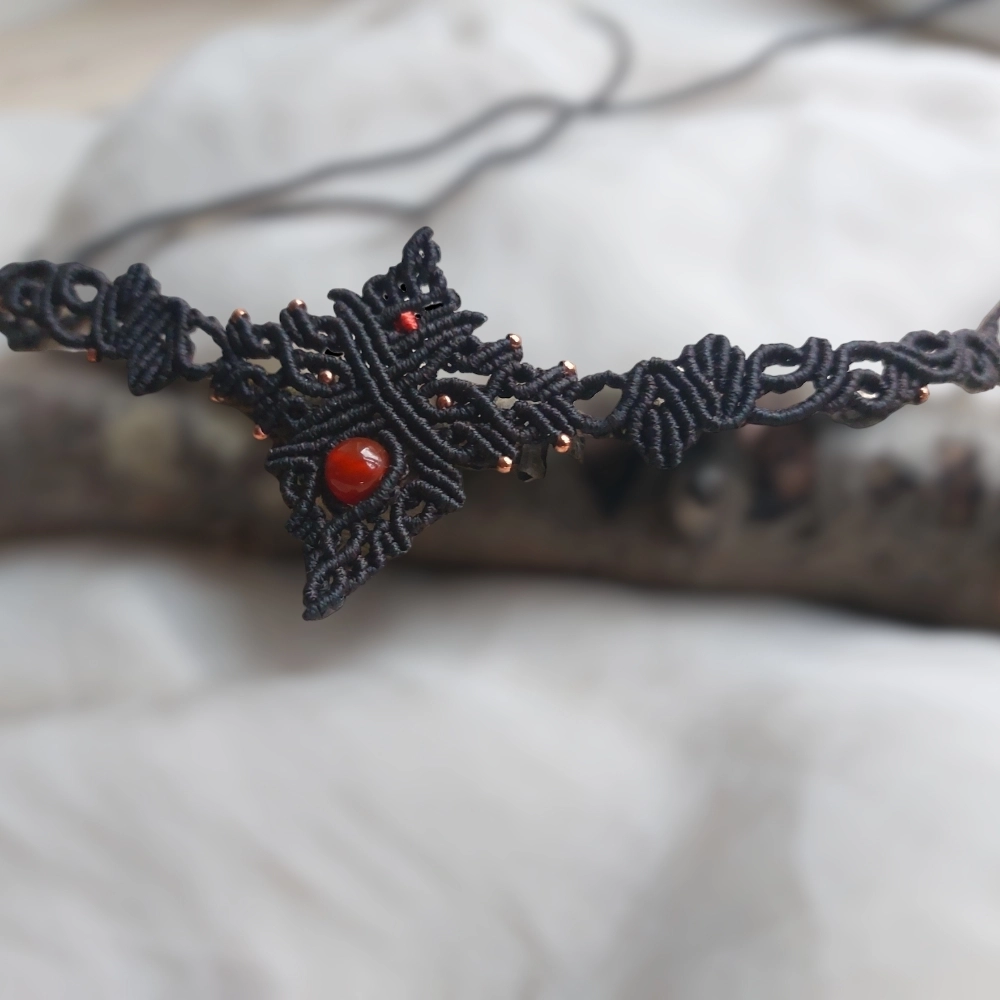 Boho Macrame Choker with Red Fire Agate Bead. This versatile piece can be worn as a crew neck necklace or even as a tiara.