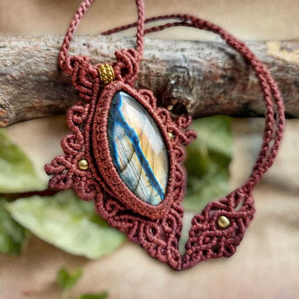 handmade macrame necklace features a beautiful marquise-shaped natural Labradorite gemstone 