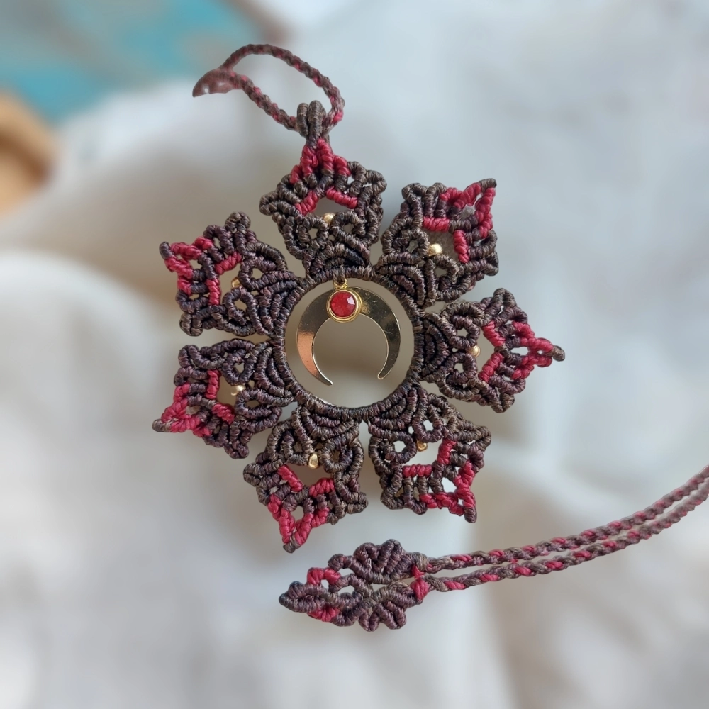 The boho macrame mandala features a lovely crescent moon charm plated with 18K gold and a red Stainless Steel Rhinestone charm    With an adjustable length of approximately 53cm/21 inches, including the pendant, this necklace can be easily adjusted to fit any neck with a convenient slide lock feature.