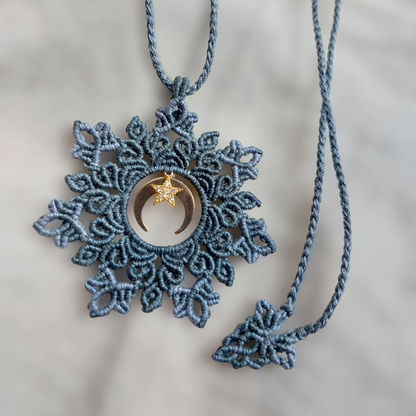 The boho macrame mandala features a lovely crescent moon and star charm both are plated with 18K gold  With an adjustable length of approximately 54.5cm/21.5 inches, including the pendant, this necklace can be easily adjusted to fit any neck with a convenient slide lock feature.