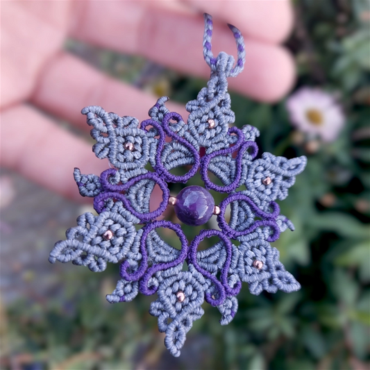 Macrame Mandala Pendant with Amethyst and Copper Beads
