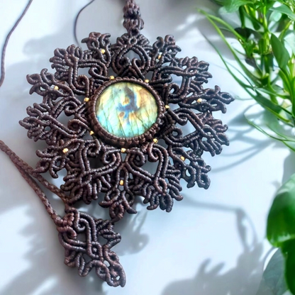 Handcrafted mandala necklace in brown macrame with a mystical labradorite centerpiece.