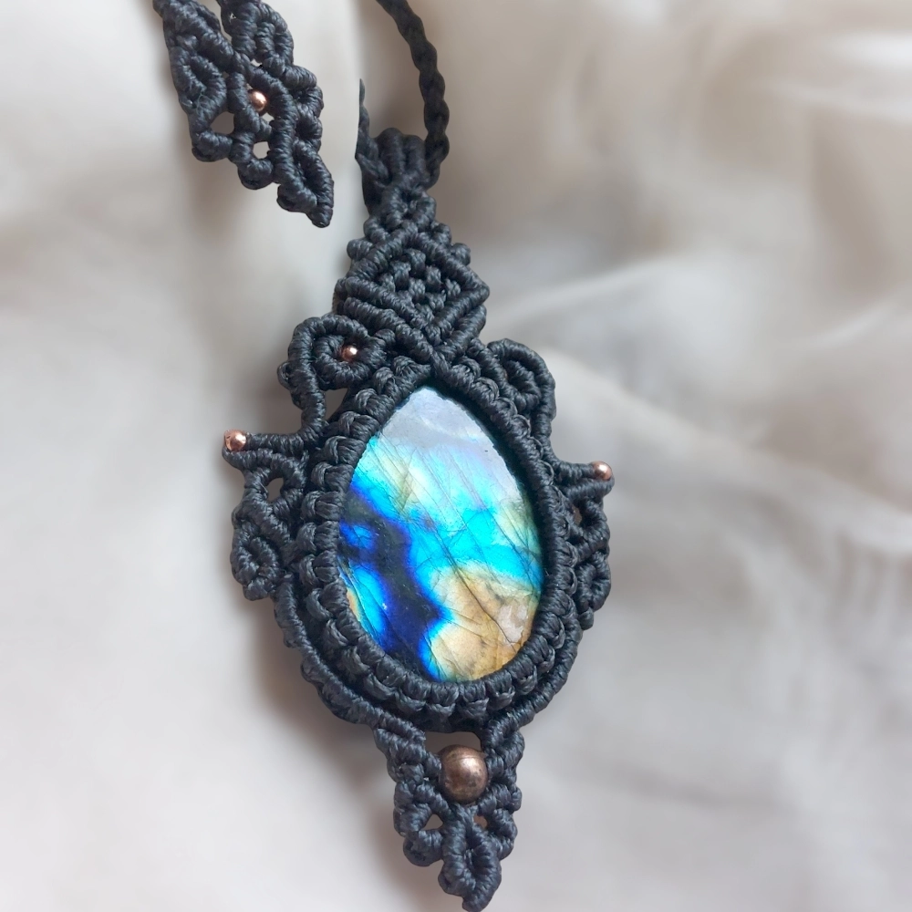Labradorite Macrame Necklace, a captivating 46ct AAA gemstone teardrop, adjustable up to 53cm/21 inches. Easy to customise for a perfect fit.