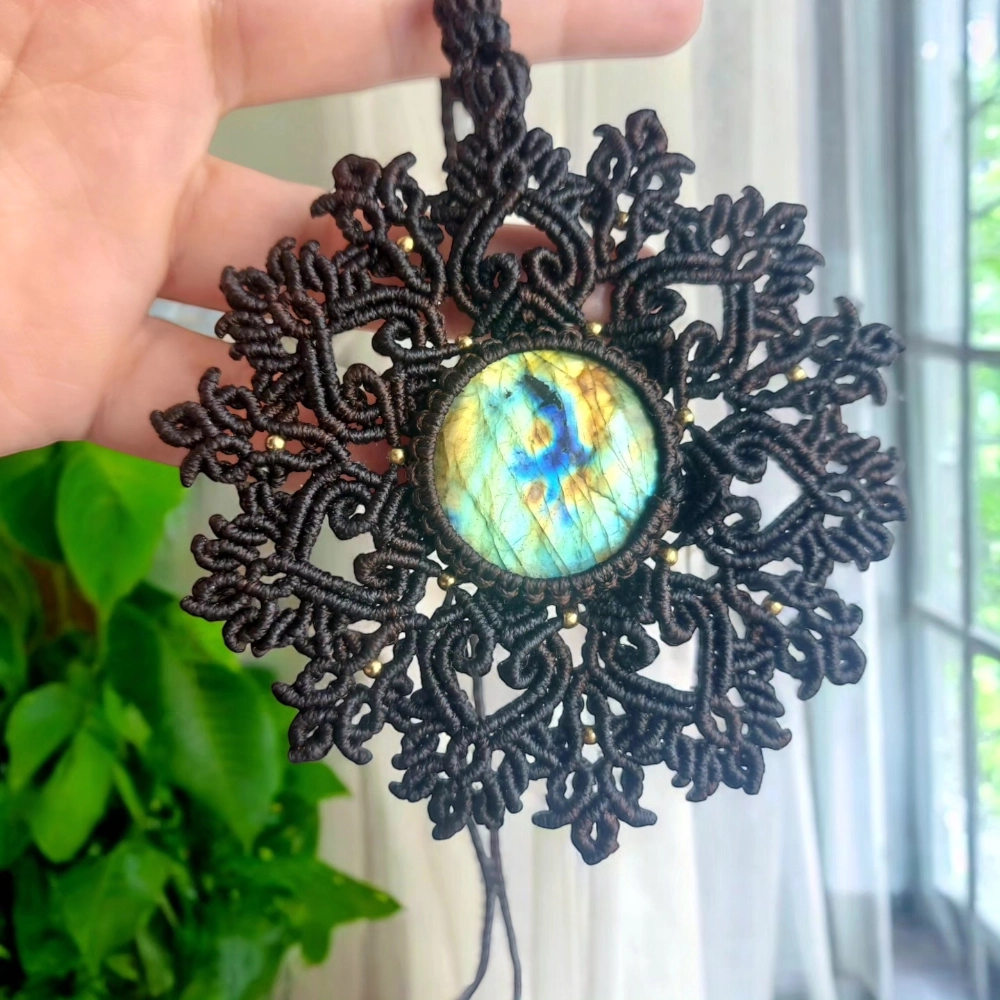 labradorite mcrame mandala necklace. a brown macrame necklace with a 56 ct labradorite stone in a mandala design