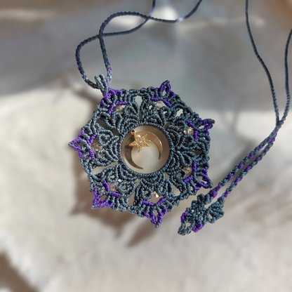 The boho macrame mandala features a lovely crescent moon and star charms plated with 18K gold    With an adjustable length of approximately 53cm/21 inches, including the pendant, this necklace can be easily adjusted to fit any neck with a convenient slide lock feature.