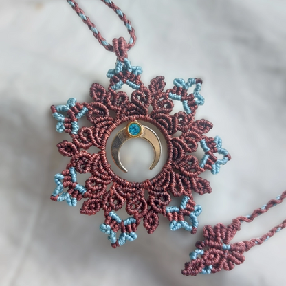 The boho macrame mandala features a lovely crescent moon charm plated with 18K gold and a Stainless Steel Rhinestone charm    With an adjustable length of approximately 53cm/21 inches, including the pendant, this necklace can be easily adjusted to fit any neck with a convenient slide lock 