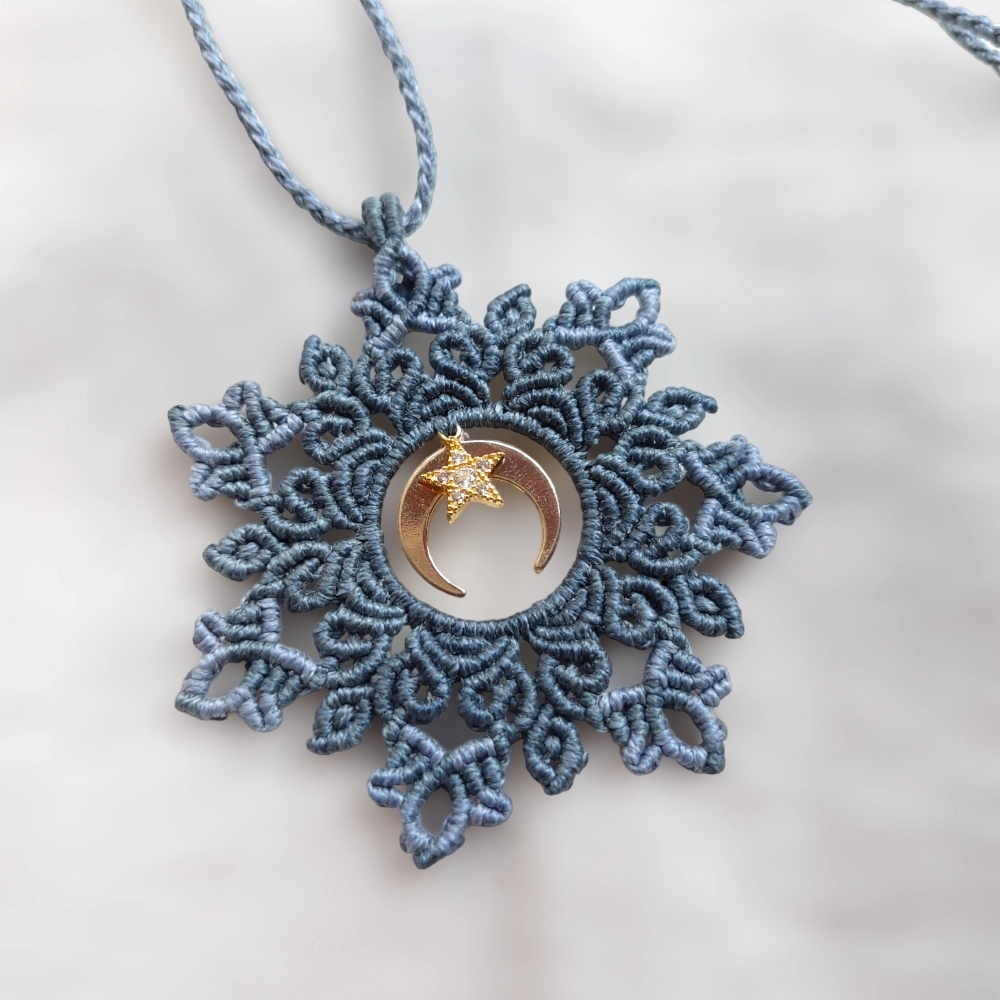 The boho macrame mandala features a lovely crescent moon and star charm both are plated with 18K gold  With an adjustable length of approximately 54.5cm/21.5 inches, including the pendant, this necklace can be easily adjusted to fit any neck with a convenient slide lock feature.