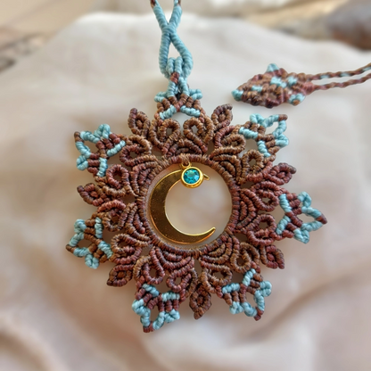 brawn and light blue The handmade boho macrame mandala features a lovely crescent moon charm plated with 18K gold and a Stainless Steel Rhinestone charm