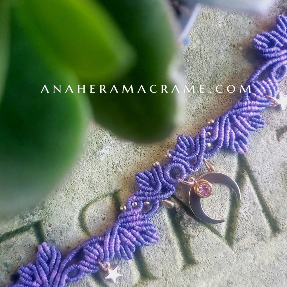 Purple macrame choker with moon charm