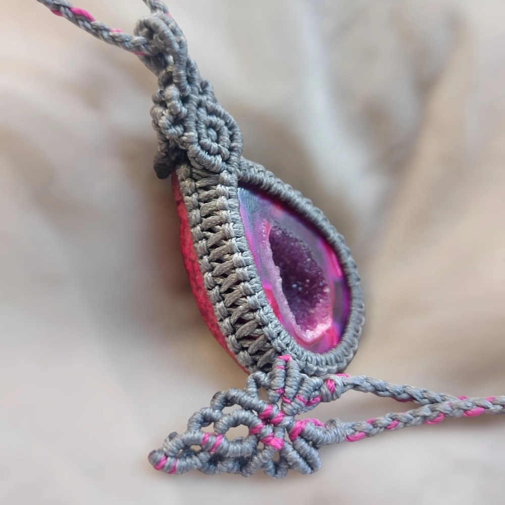 This handcrafted pendant is made with dyed quartz geode The total length of the necklace, including the pendant, measures approximately 50cm /19.8 inches and it is adjustable to fit your preferred length with a convenient slide lock