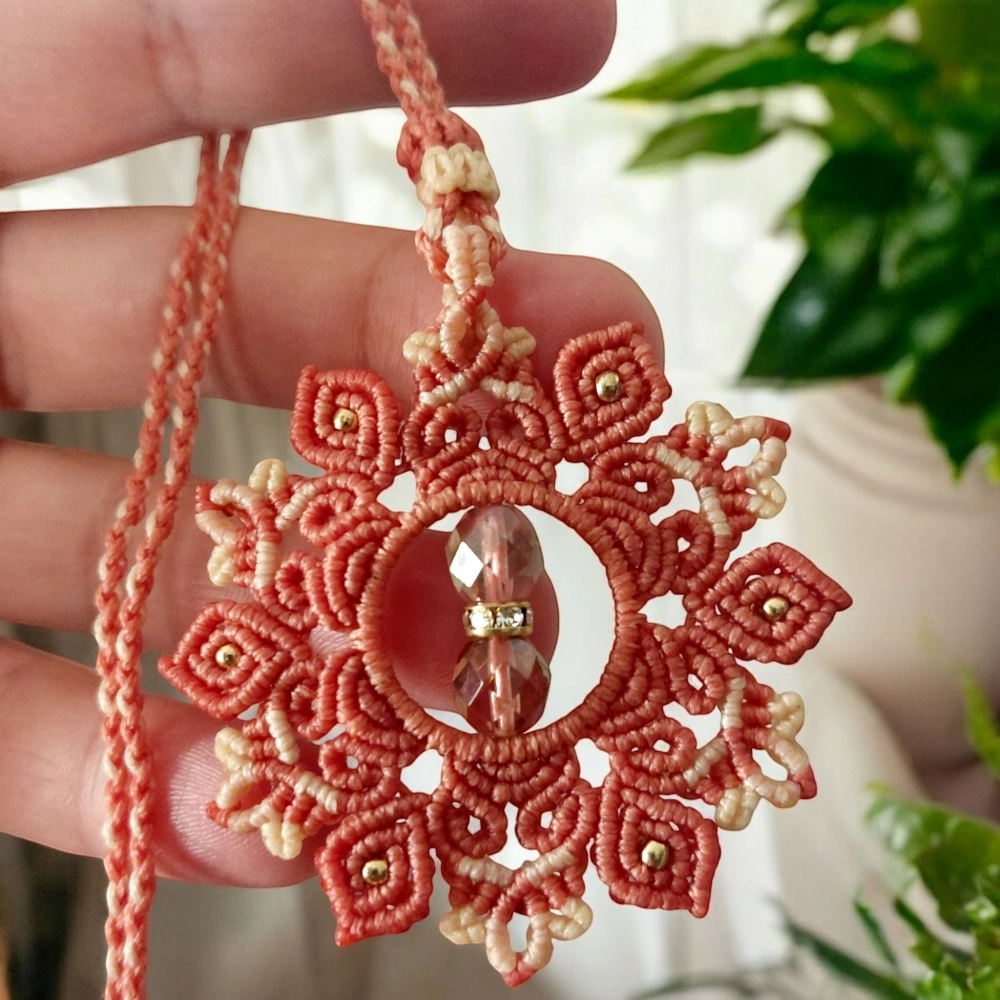 Coral Macrame Mandala Pendant