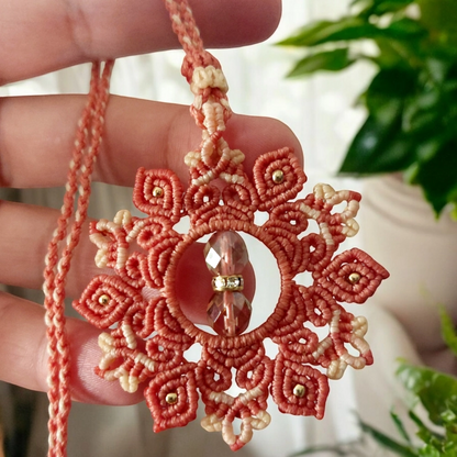 Coral Macrame Mandala Pendant