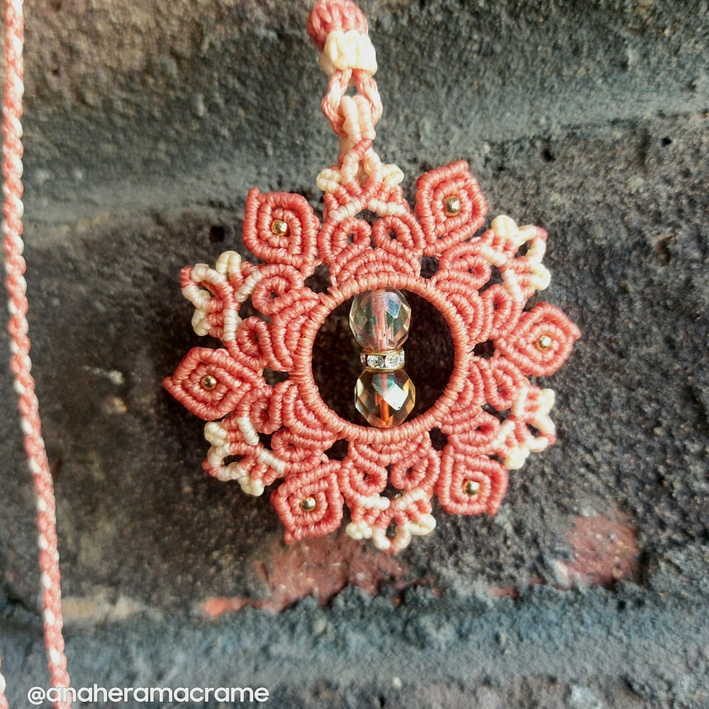 Coral Macrame Mandala Pendant