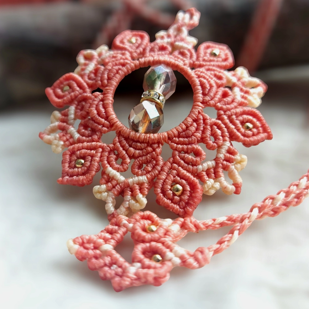 Coral Macrame Mandala Pendant