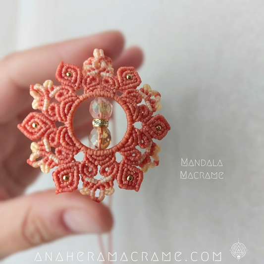 Coral Macrame Mandala Pendant